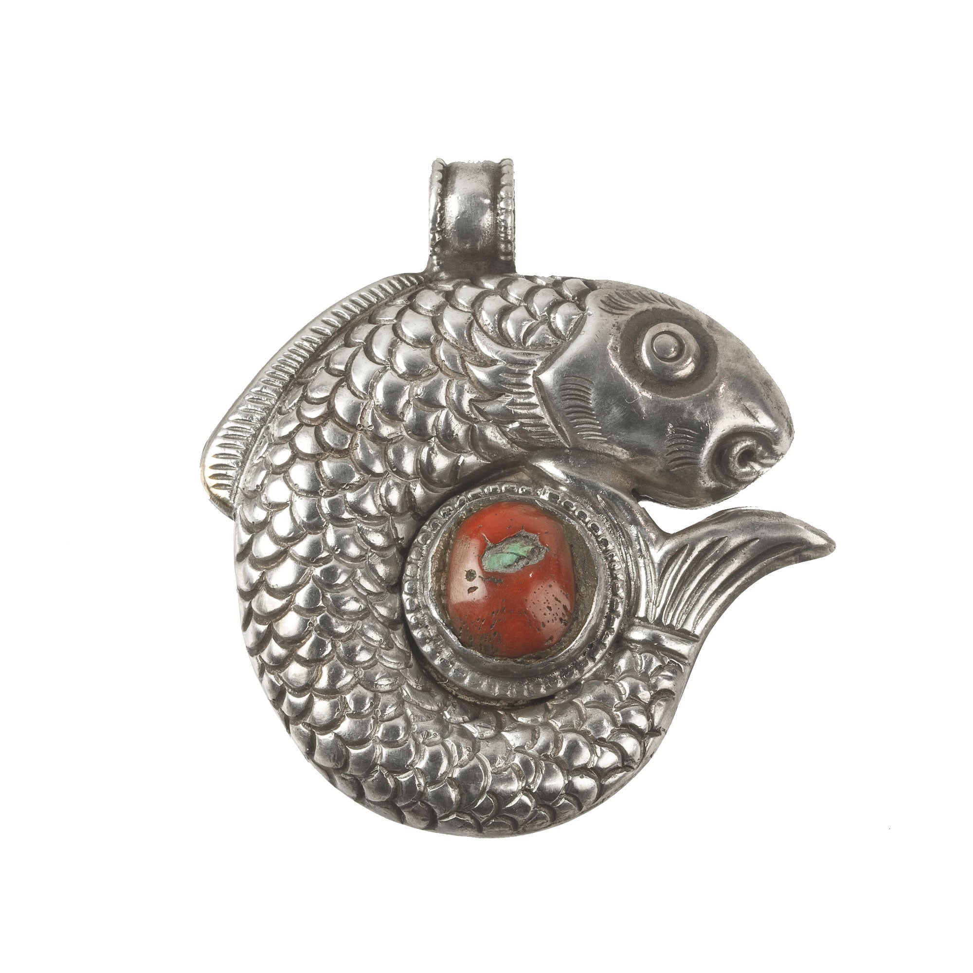 Old Tibetan sterling silver repoussé pendant with red coral and turquoise.  pdet823cs