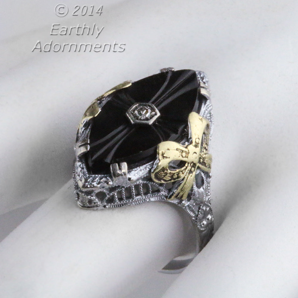 Art Deco 14ct Gold, Onyx & Diamond Filigree Ring - Antique And