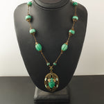 Art Deco Green Peking Glass Necklace, brass.  1920s, Czech. j-nlad995