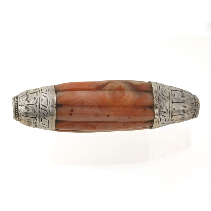 Large old Tibetan or Nepal Repoussed silver capped agate melon bead. 82.5x22.75x21mm. Pkg 1. B4-car421