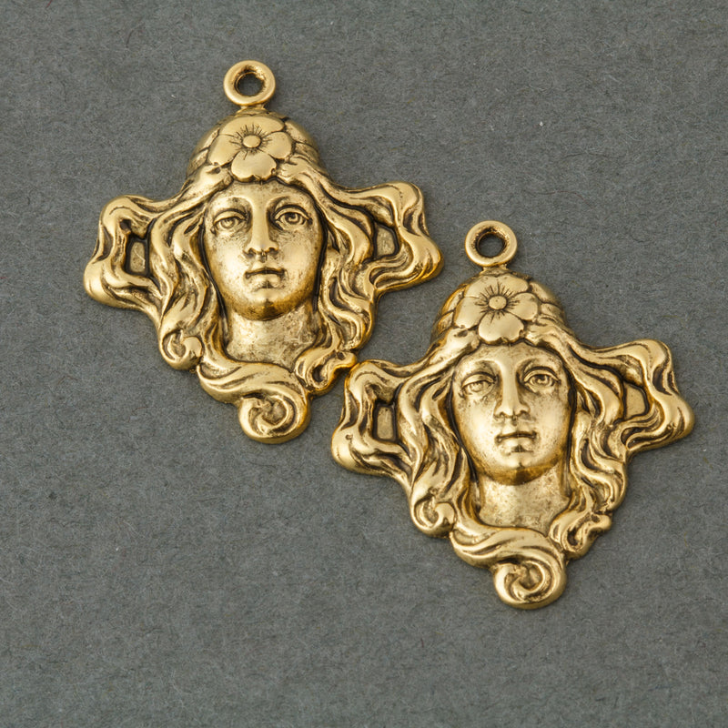 Art Nouveau style antique finish 24k gold plated stamped brass charm. 22x27mm Pkg. of 2. b9-0525g