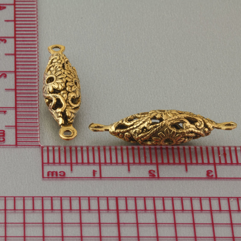 Antique finish 14k gold plated brass filigree oval 2 ring connector beads, 26x7mm. Pkg of 4. b9-2256g