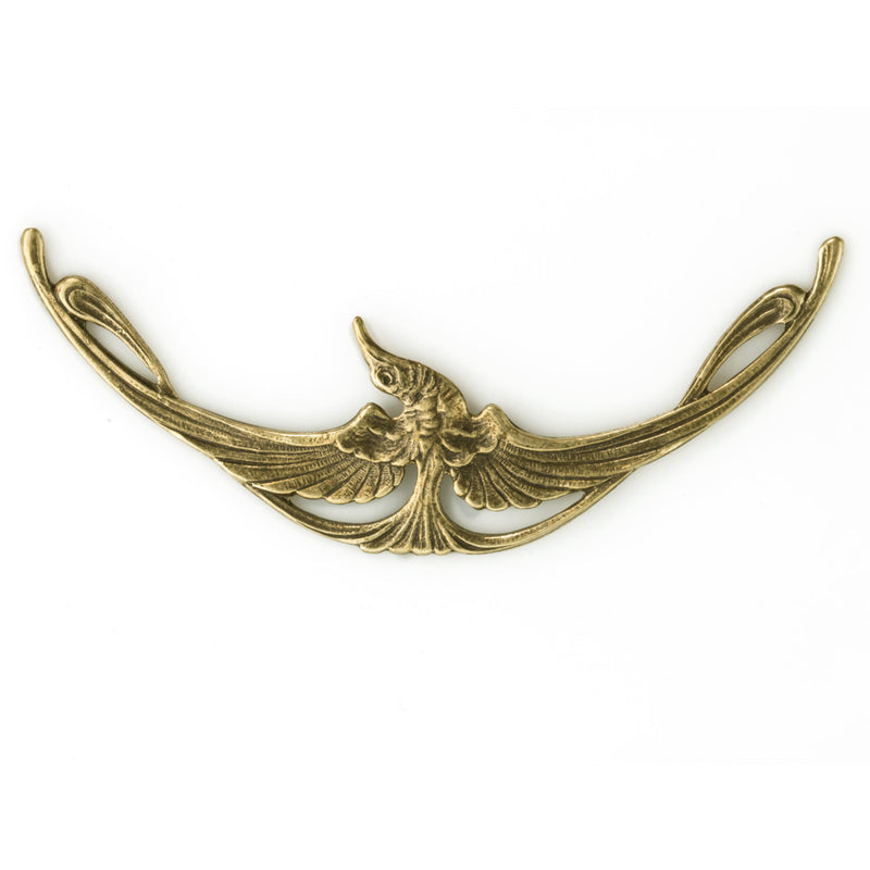 Antique finish gold plated brass Art Nouveau style stamping of a bird in flight. 70x20mm. Sold individually. b9-2383