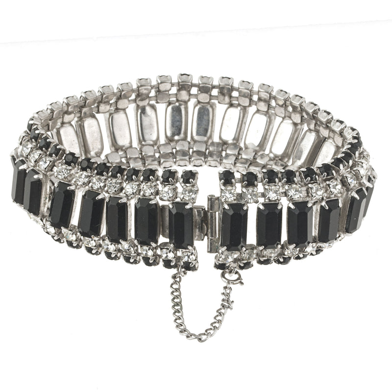 Rhinestone Bracelet, Art Deco look with rhinestones and black glass.  Circa 1950s-60s. j-brcs652