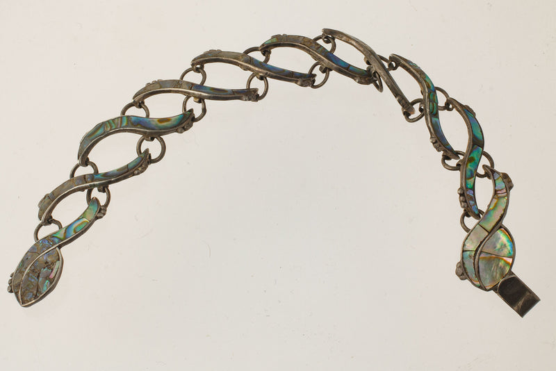 Sterling silver and abalone inlay link bracelet.  Vintage pre-eagle 1940s Mexico.  Signed. brvs989