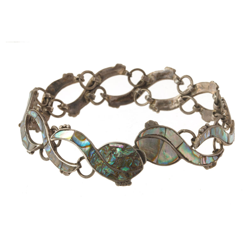 Sterling silver and abalone inlay link bracelet.  Vintage pre-eagle 1940s Mexico.  Signed. brvs989