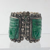 Casa Prieto Mexico signed sterling silver & carved green agate Aztec face panel bracelet. 1930s.  brvs990JL