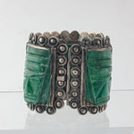 Casa Prieto Mexico signed sterling silver & carved green agate Aztec face panel bracelet. 1930s.  brvs990JL