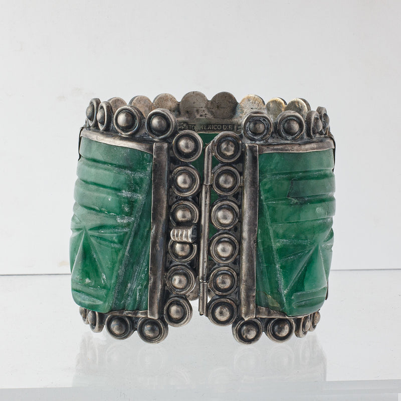 Casa Prieto Mexico signed sterling silver & carved green agate Aztec face panel bracelet. 1930s.  brvs990JL