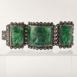 Casa Prieto Mexico signed sterling silver & carved green agate Aztec face panel bracelet. 1930s.  brvs990JL