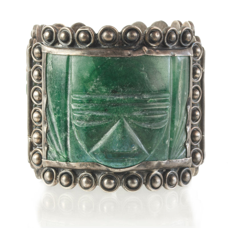 Casa Prieto Mexico signed sterling silver & carved green agate Aztec face panel bracelet. 1930s.  brvs990JL