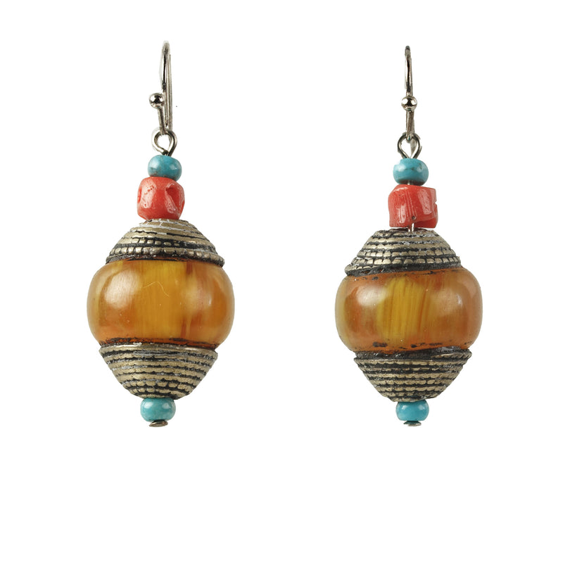 Nepali Earrings, phenolic resin trade bead, caps, coral & turquoise accent. J-erbd189