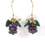 Purple amethyst grape cluster earrings & green malachite leaves, gold filled tendrils earrings. j-ergm001