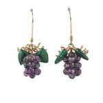 Purple amethyst grape cluster earrings & green malachite leaves, gold filled tendrils earrings. j-ergm001