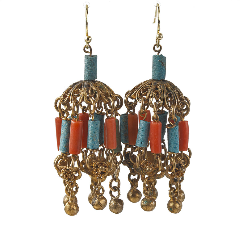 Egyptian Revival brass & faience bead earring. 1960's. j-eror508