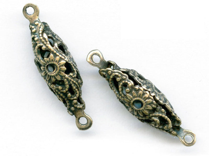 Stamped oxidized brass filigree oval 2 ring connector beads, 26x7mm. Pkg of 4. b9-2256