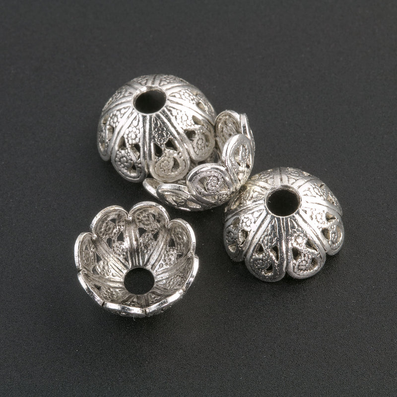 Sterling silver plated brass filigree bead cap from antique mold. 5x10mm Pkg of 4. b9-0495