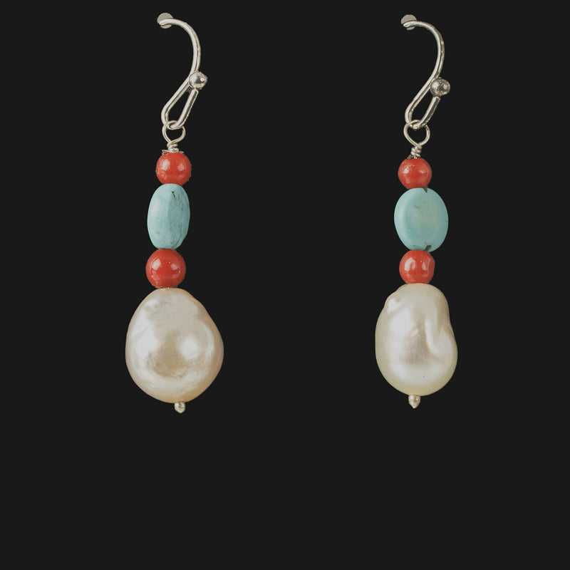 Akoya Pearl drop Earrings with turquoise and red coral accent beads, Silver earwire. j-ergm003