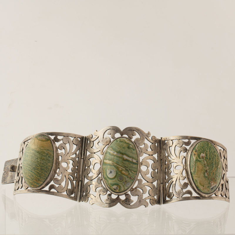 Casa Prieto Mexico signed sterling silver wide pierced panel bracelet Ocean Jasper stones. 1930s.  brvs988JL