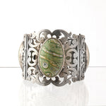 Casa Prieto Mexico signed sterling silver wide pierced panel bracelet Ocean Jasper stones. 1930s.  brvs988JL