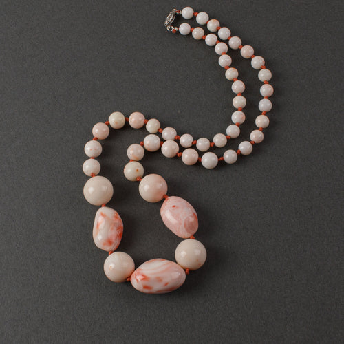 Natural Momo & Coral necklace, light blush swirled with dark coral color. 14K white gold clasp. j-nlfn122