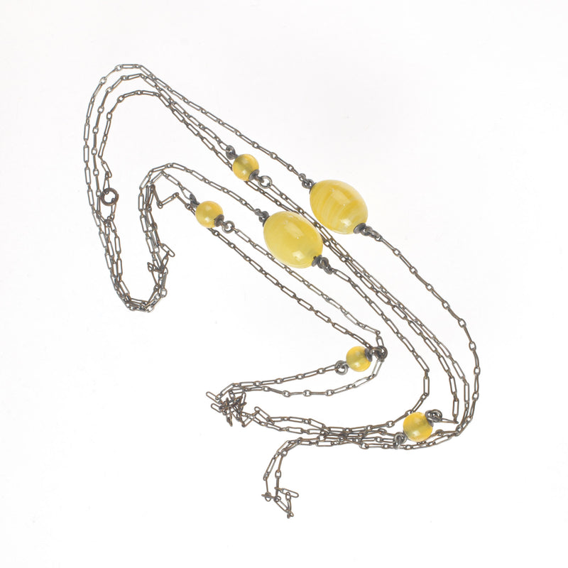 Flapper necklace, paperclip chain with yellow beads. 60 inches. nlad993