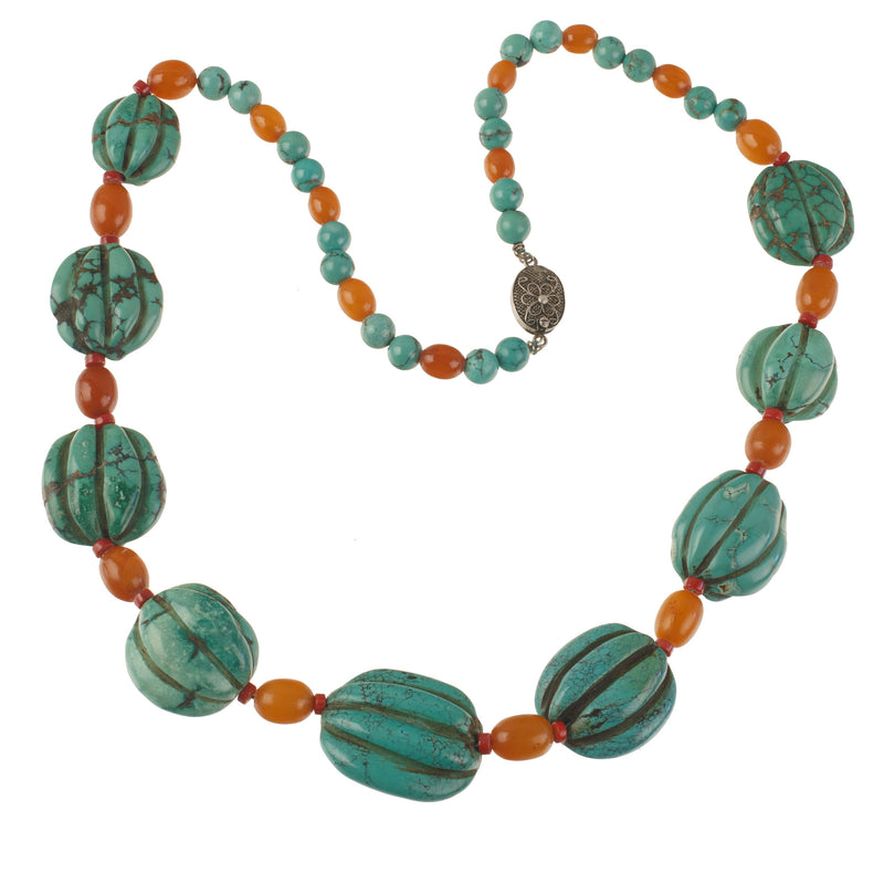 Carved Turquoise Melon Bead Necklace with yellow amber and coral. j-nlbd1292