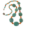 Carved Turquoise Melon Bead Necklace with yellow amber and coral. j-nlbd1292