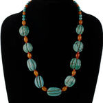 Carved Turquoise Melon Bead Necklace with yellow amber and coral. j-nlbd1292