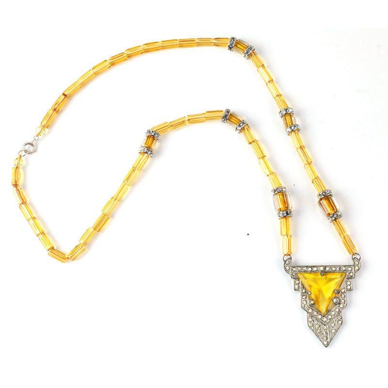 Art Deco Rhinestone and yellow Czechoslovakian bead Necklace. 24.5" nlbd-2213