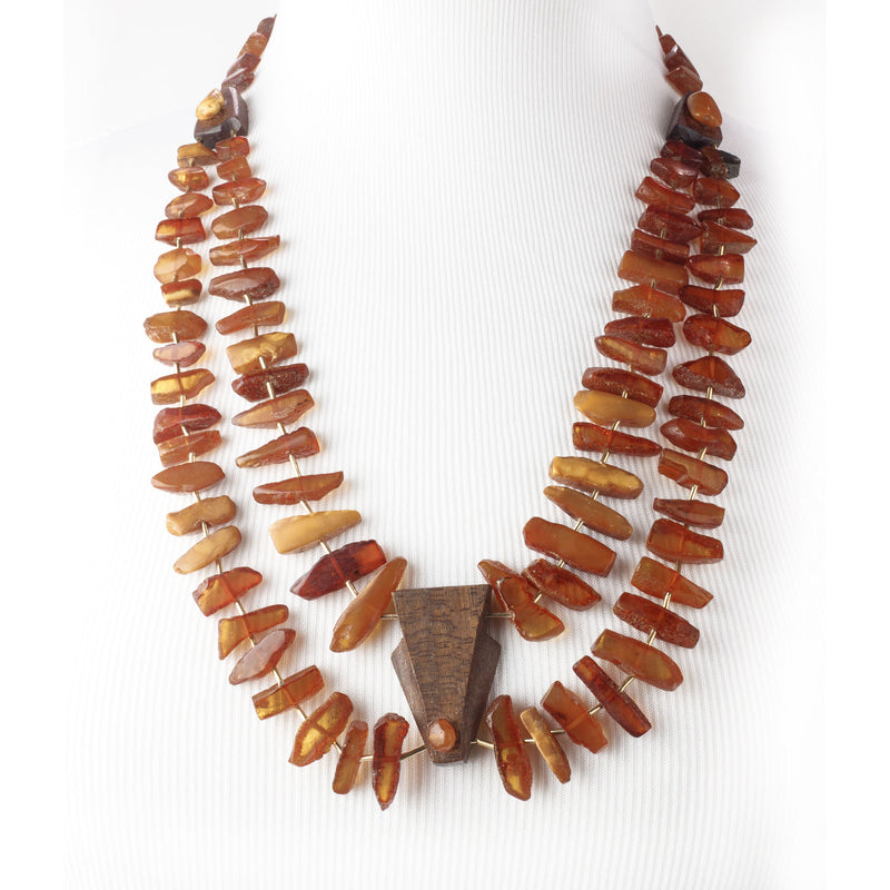 Baltic Amber Necklace, double strand with wood pendant. c. 1940s. j-nlbd2218