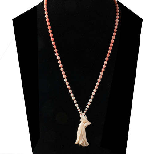 Angelskin coral carved Flower pendant and coral bead necklace. nlfn121