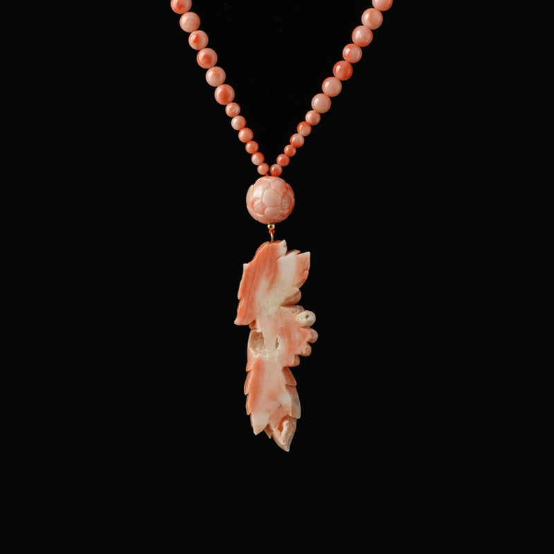 Natural Coral Carved Flower Pendant and coral bead necklace. nlfn123