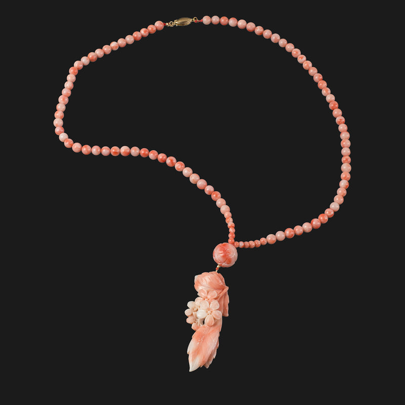 Natural Coral Carved Flower Pendant and coral bead necklace. nlfn123