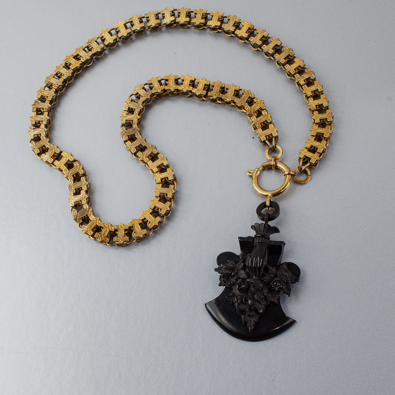 Mid to late Victorian gold filled Bookchain necklace with Vulcanite Mourning Locket j-nlvc543