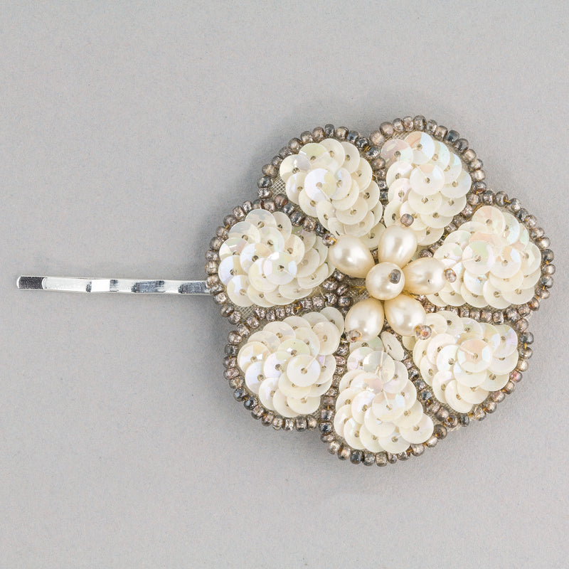 Hair pin made with 1920's hand sewn sequin and pearl applique. 