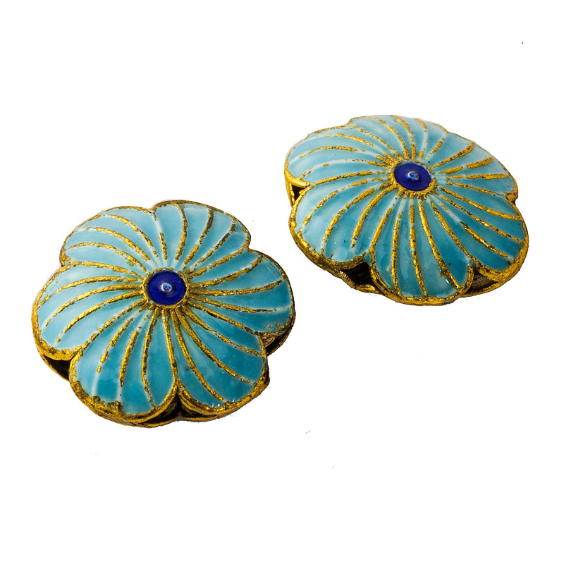 Hollow enamel flower beads, double sided, Turquoise blue. 20mm diameter. Package of 2. b2-596