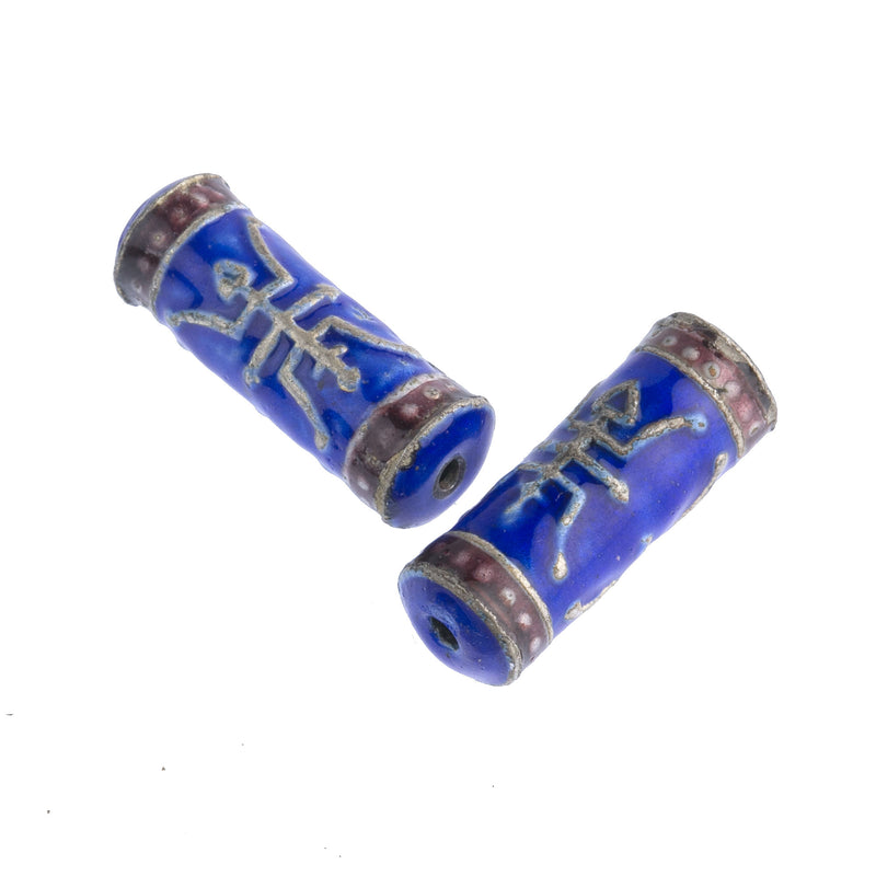 Cobalt blue, red and gold enamel over copper hollow cylinder beads, 21x8mm. Pkg.of 2. b2-652