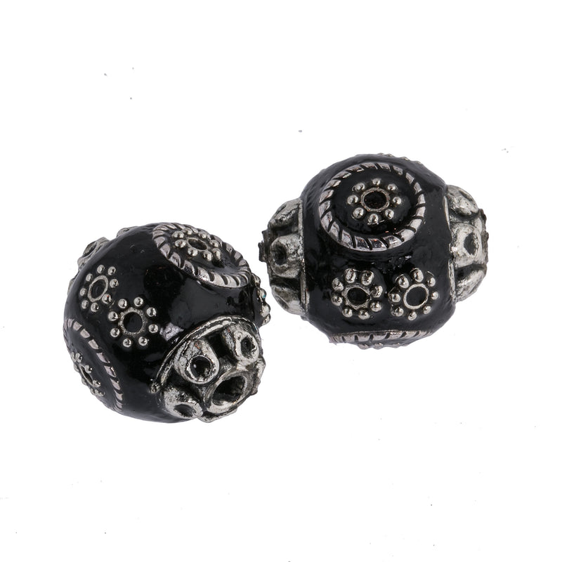 Black and silver hollow enameled metal eye bead. Indonesia.17x16mm. Pkg. 2. b2-658