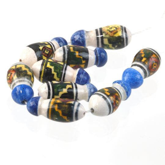 5 17mm Vintage Painted Peruvian Clay Beads - White Blue and Yellow Tube Beads by Smileyboy Beads | Michaels