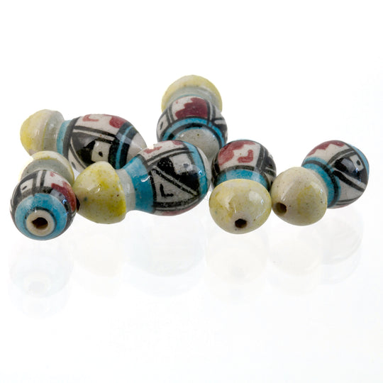 5 35mm Vintage Painted Peruvian Clay Beads - White Teal and Red Teardrop  Beads