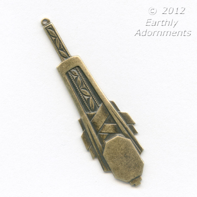 Stamped oxidized brass Art Deco-style pendant. 55x17mm Pkg of 2. b9-0959