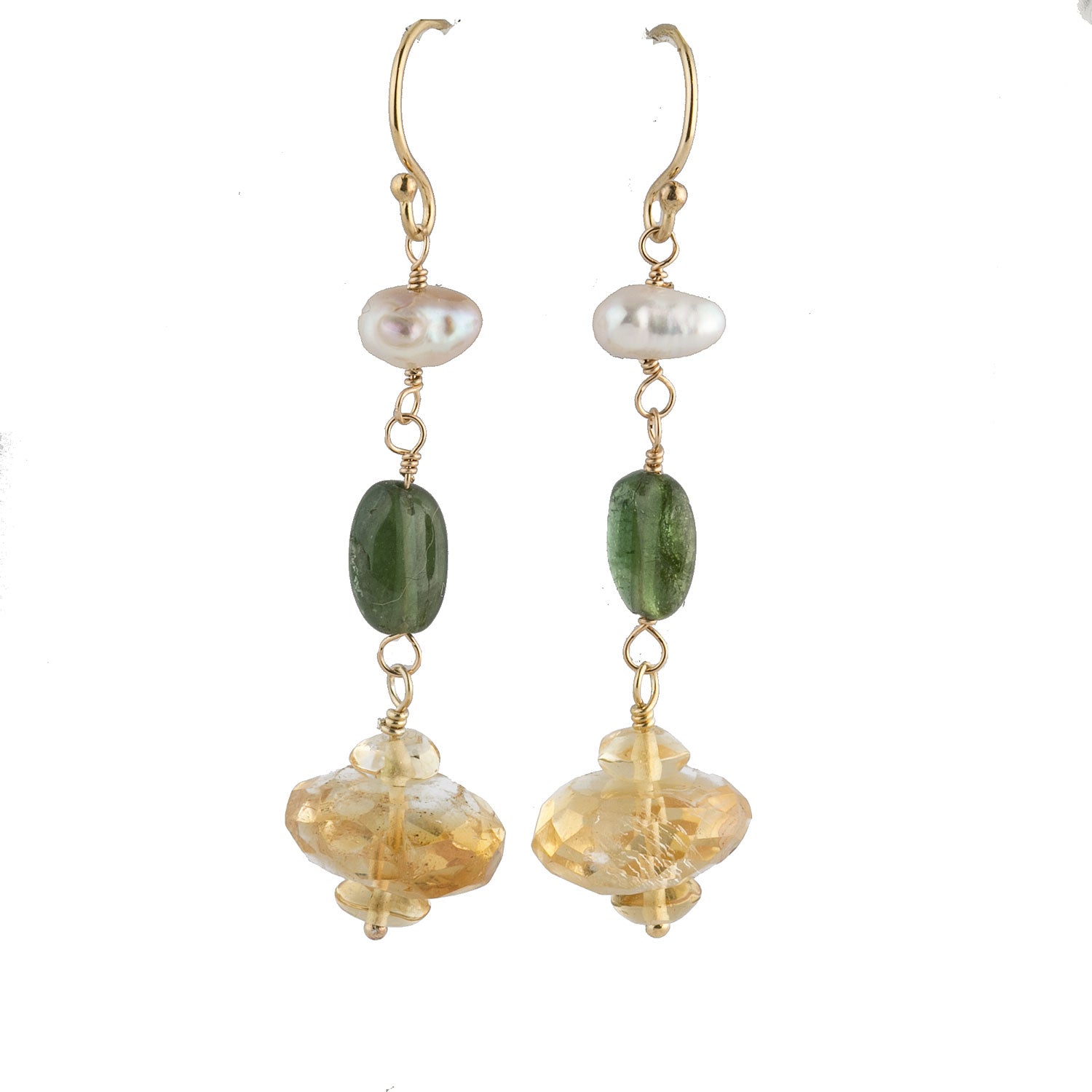 Earrings of vintage natural citrine tourmaline and Biwa pearls ...