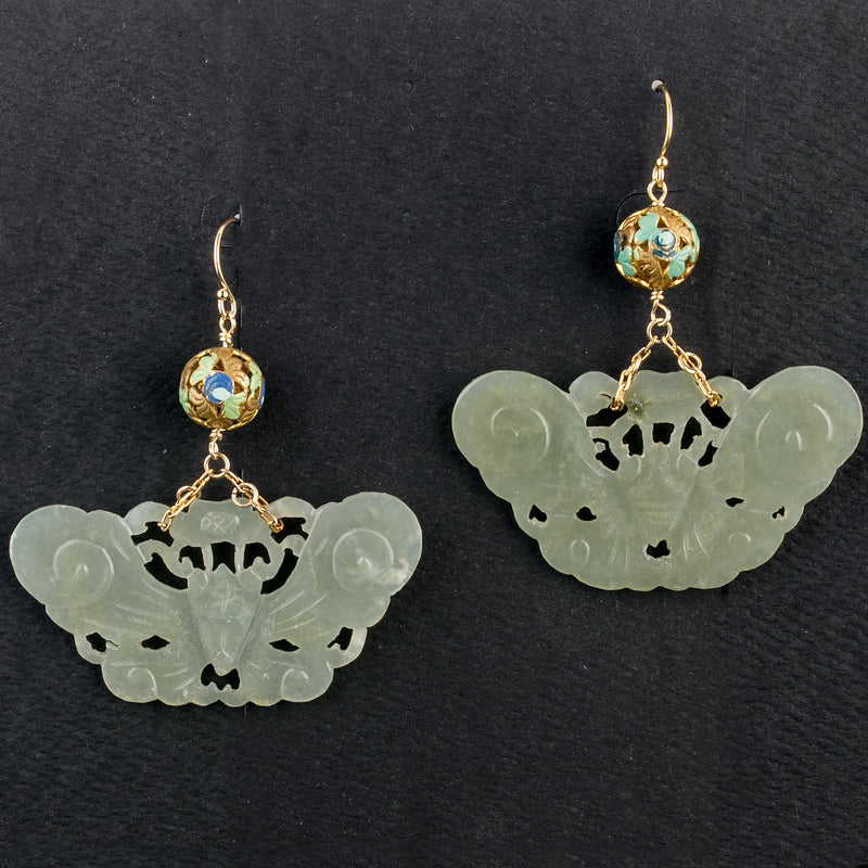 Vintage Nephrite Jade moth earrings with vintage Chinese enameled vermeil filigree beads.