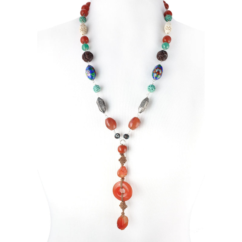 Necklace Chinese Antique Beads, carnelian, turquoise, silver, bone.  j-nlbd1147