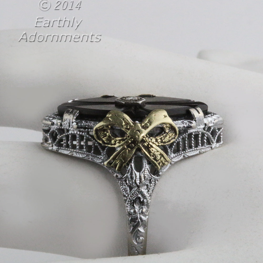 Art Deco 14ct Gold, Onyx & Diamond Filigree Ring - Antique And
